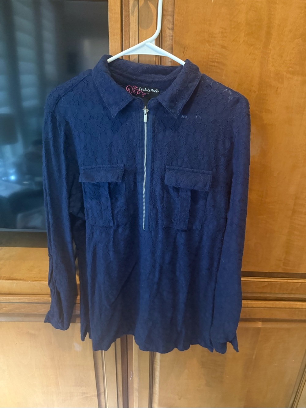 Peck & Peck Navy Lace Zip-Front Long-Sleeve Shirt